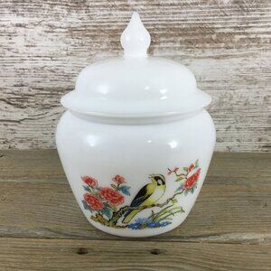 Avon White Milk Glass Lidded Ginger Jar With Bird & Floral Design 6" Tall